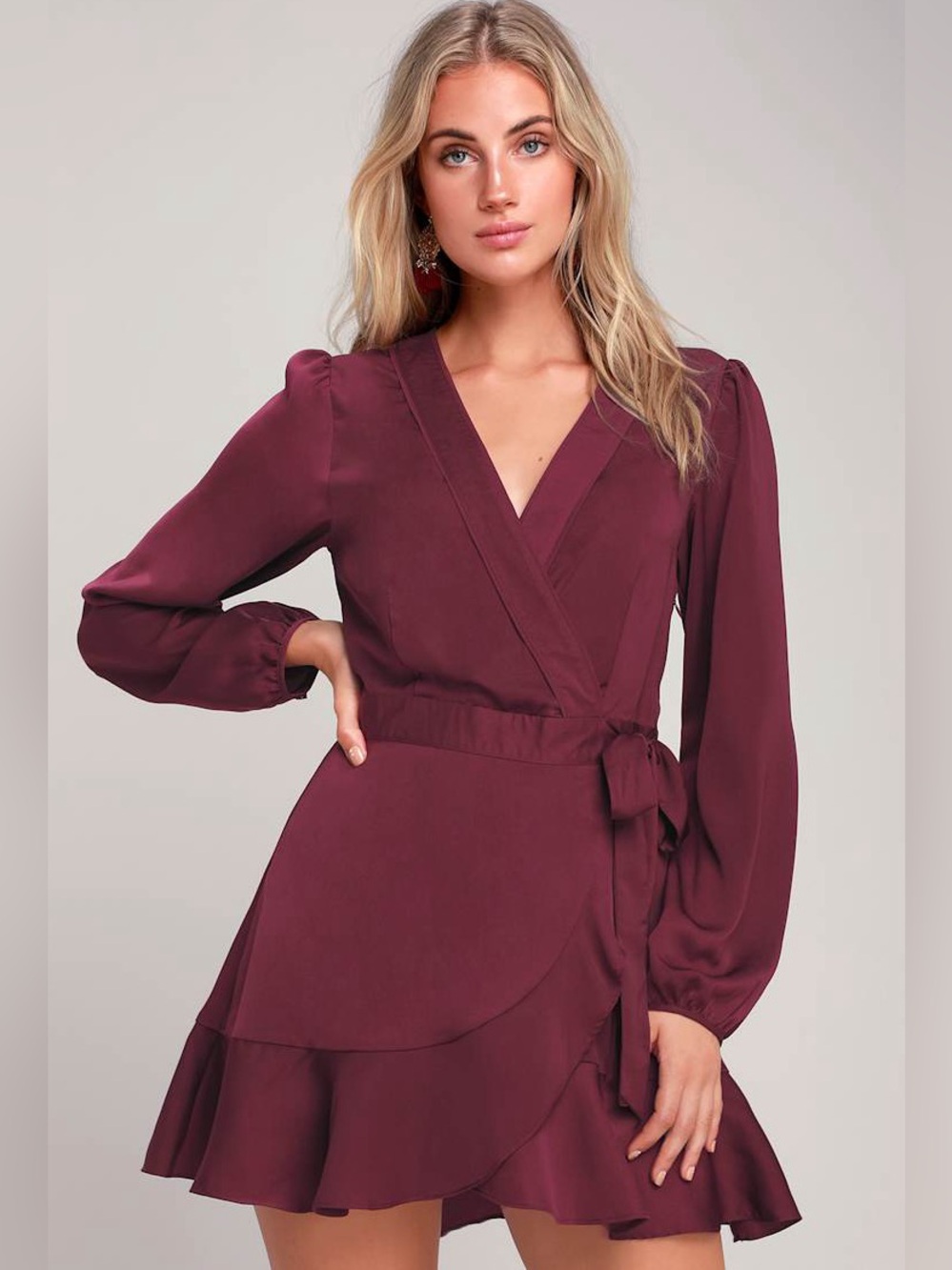 Lulu’s Lilya Plum Purple Long Sleeve Satin Wrap Dress XS Lulus